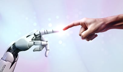 AI robot hand finger touch human hand finger