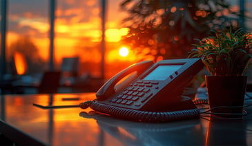 A PBX phone sitting on an office desk with the sun setting in the background.
