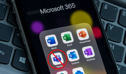 Image of a phone with Microsoft 365 apps and Microsoft Teams crossed out